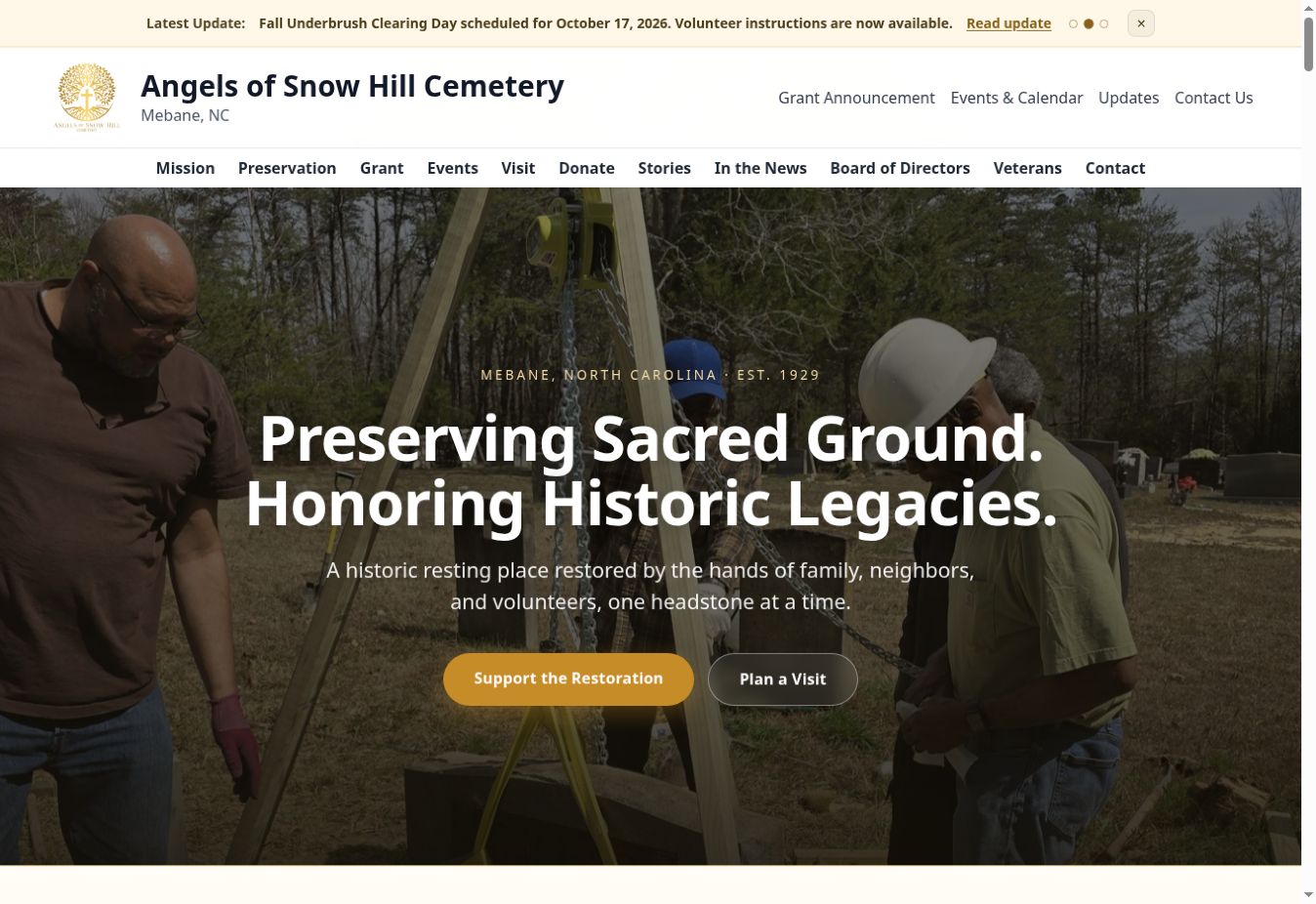 Desktop homepage of Angels of Snow Hill Cemetery