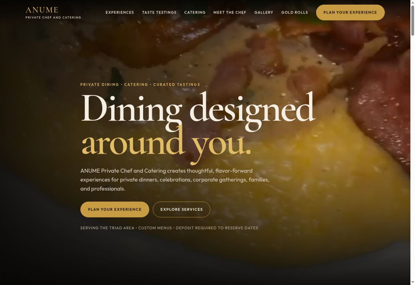 Desktop homepage of ANUME Private Chef & Catering