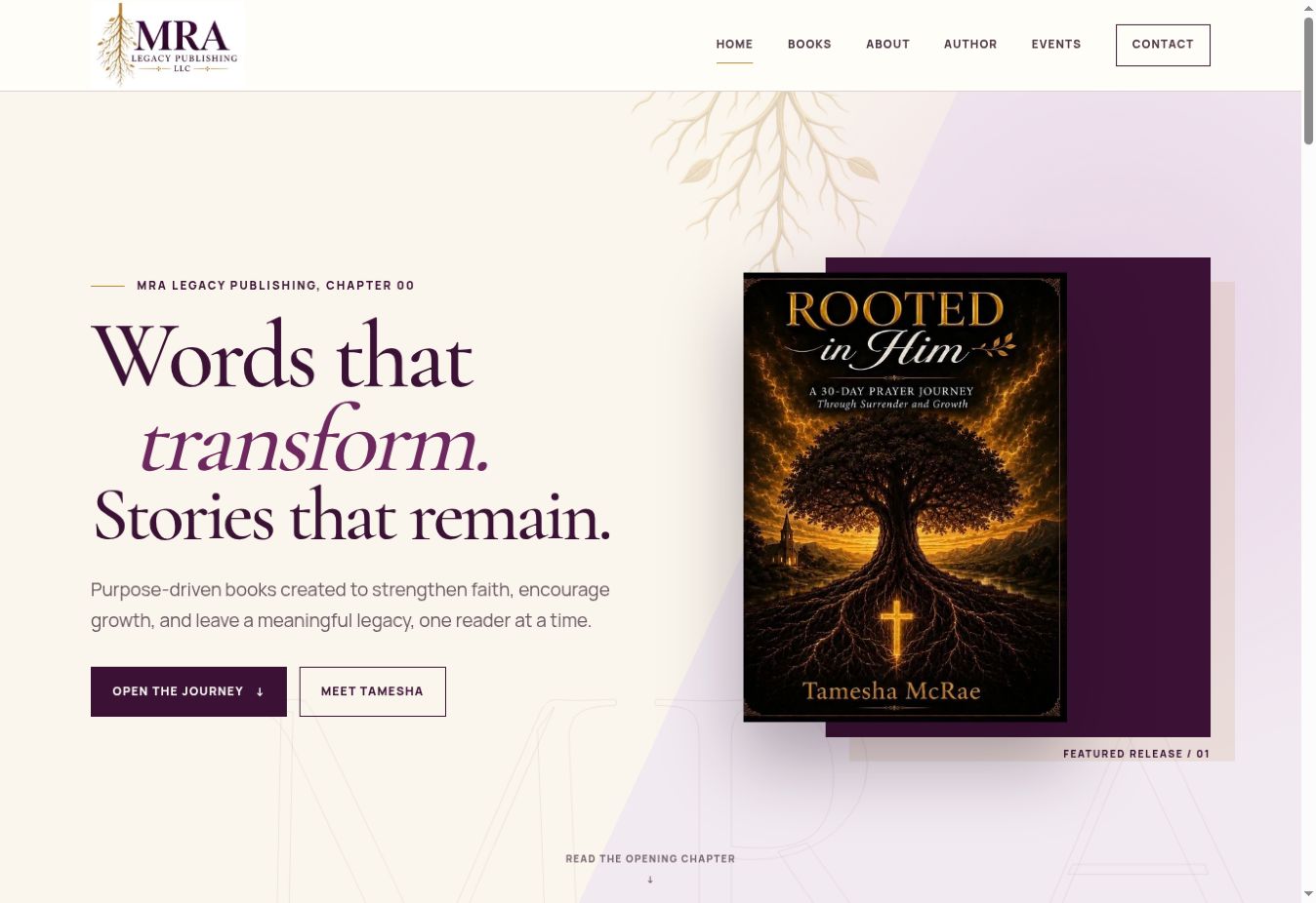 MRA Legacy Publishing live desktop homepage featuring Rooted in Him