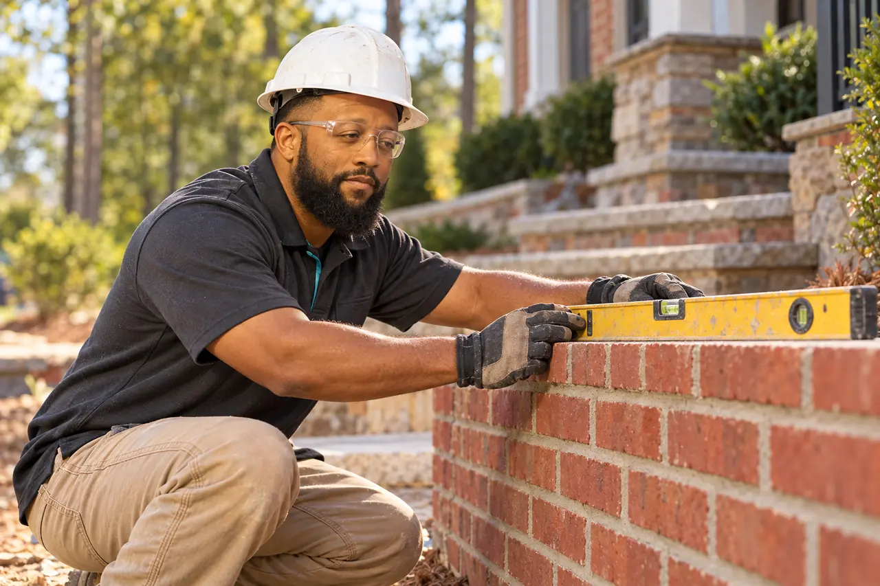 Concept photograph of Todd checking a brick wall with a spirit level
