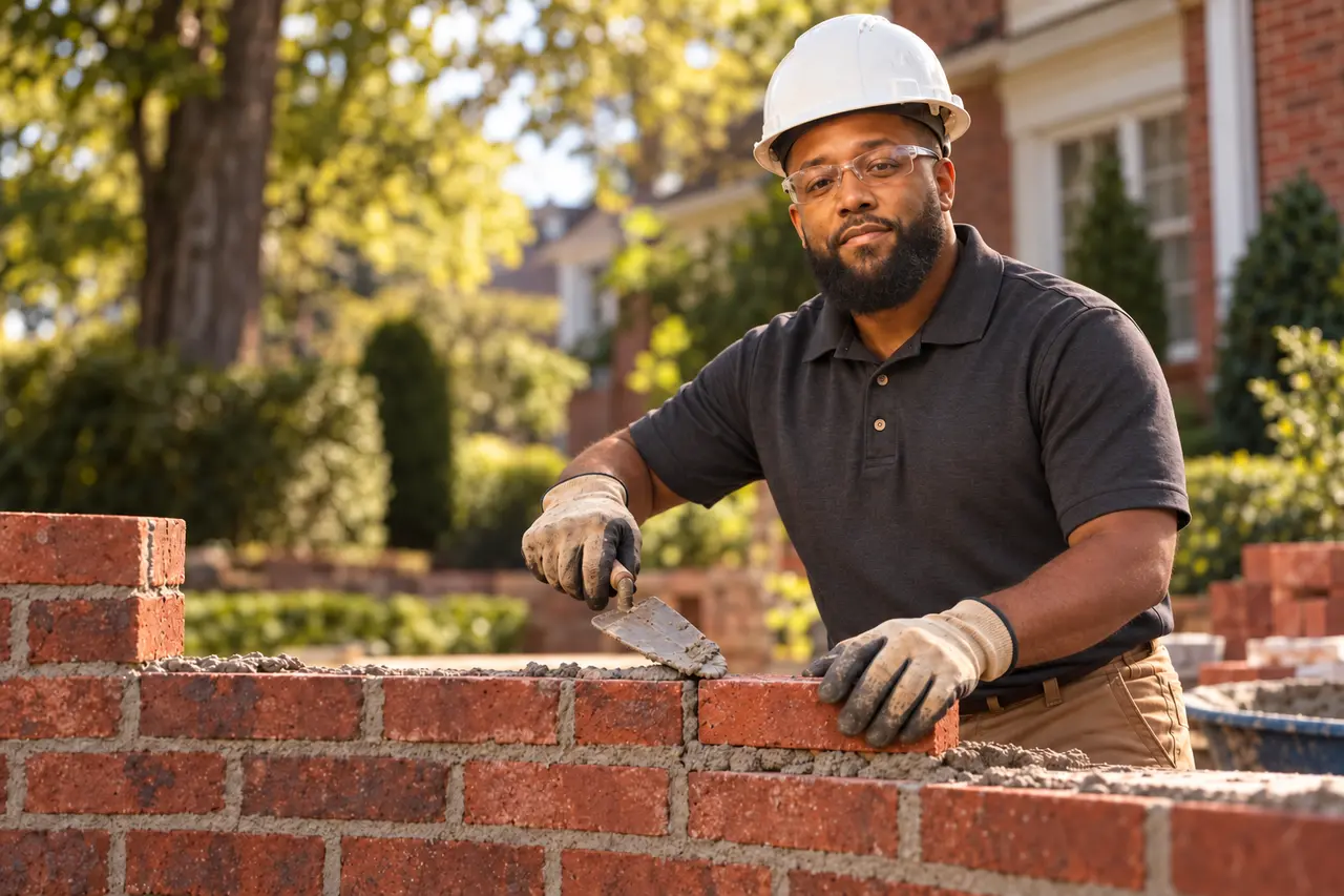 Concept photograph of Todd carefully laying a brick on a residential masonry project
